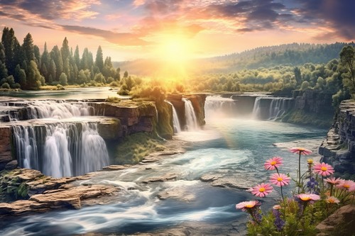 Sunset waterfall canvas - waterfall,